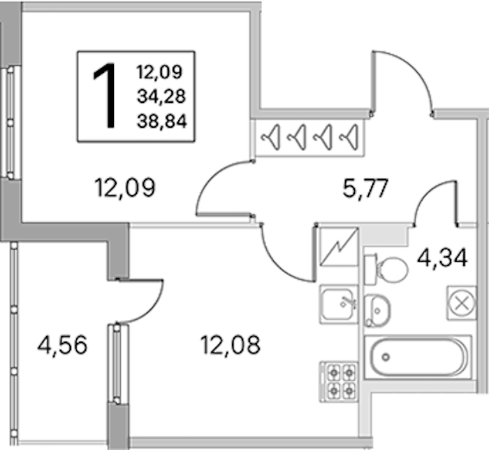 1-комнатная квартира 34.28 м², 1/5 эт., ЖК «ЮгТаун. Олимпийские кварталы»